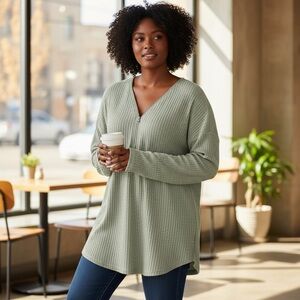 Soft Surroundings Thermal‎ Light Moss Green Waffle Knit Pullover Top Size Medium